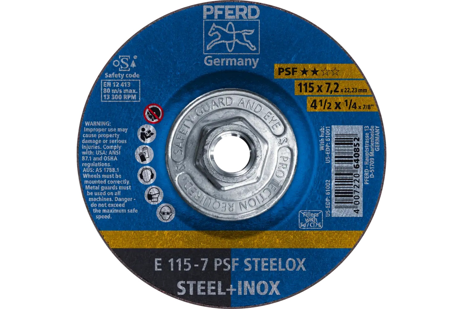 Picture of Pferd Grinding Wheel, 4-1/2" X 1/4 X 5/8-11, Psf Steelox, T27, Aluminum Oxide